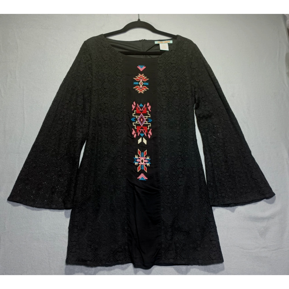 Flying Tomato Womens Large Black Lace Dress Embroidered Boho Bell Sleeve Tunic